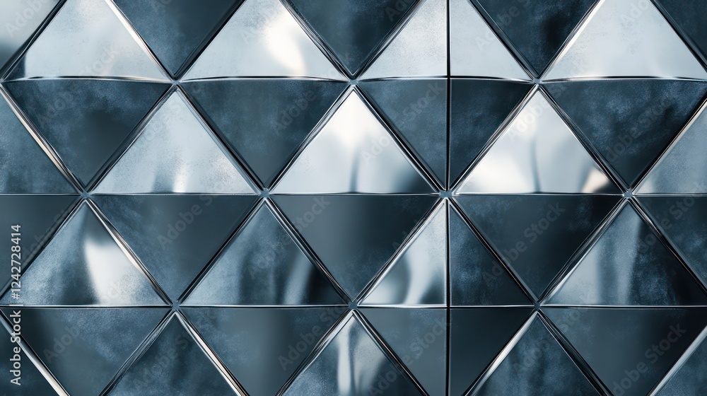 Sleek, metallic diamond tile texture on a wall mockup with polished surfaces and sharp geometric edges Sleek, metallic diamond tile texture on a wall mockup with polished surfaces and sharp geometric edges