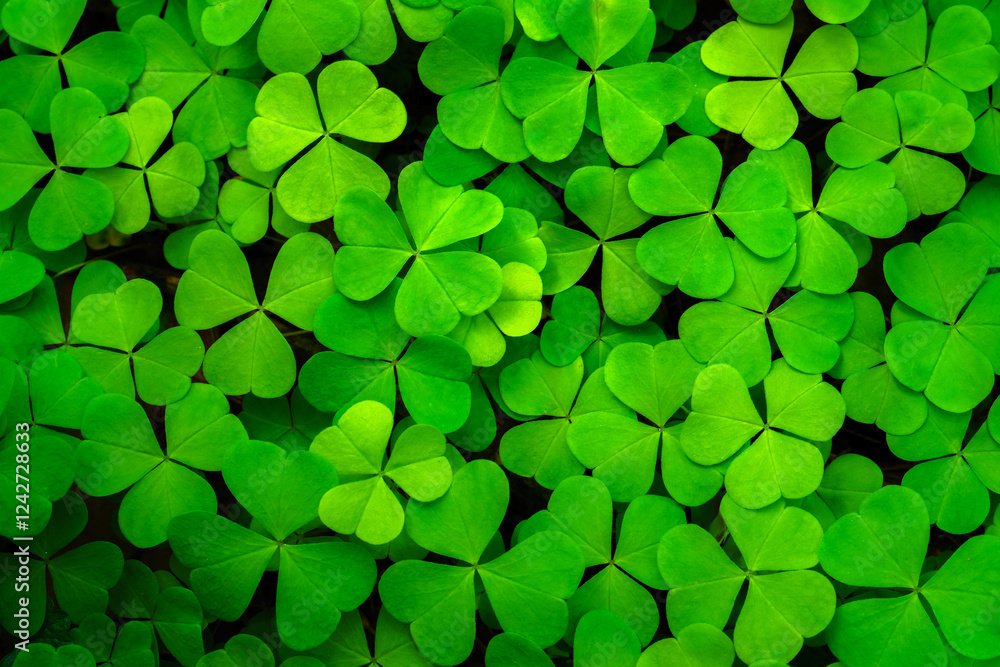Background with green clover leaves for Saint Patrick's day. Abstract backdrop for design with a shamrock. Sping nature pattern. Background with green clover leaves for Saint Patrick's day. Abstract backdrop for design with a shamrock. Sping nature pattern.