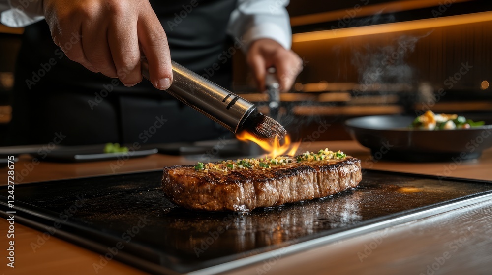 Chefs Capturing the Perfect Moment with a Torch Over Grilled Steak on Plate in Professional Kitchen