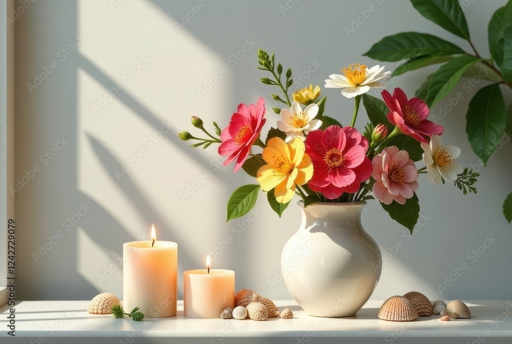 Sunlit Floral Arrangement with Scented Candles and Seashells on a White Surface