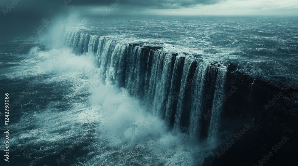 Oceanic cliff waterfall, stormy sea, dramatic sky, environmental disaster Oceanic cliff waterfall, stormy sea, dramatic sky, environmental disaster