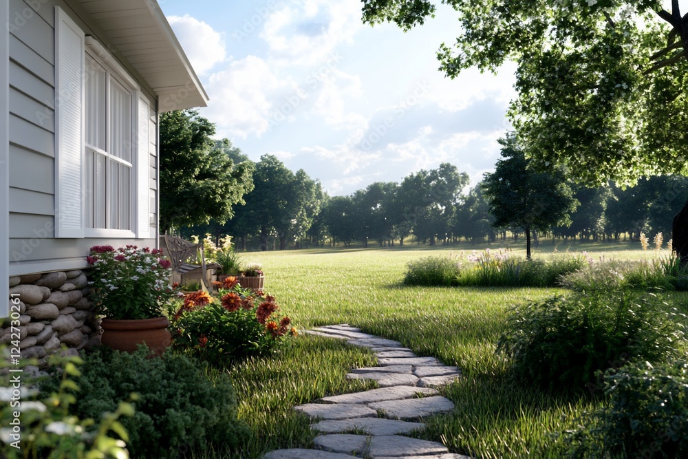Sunlit stone path to tranquil field, home exterior Sunlit stone path to tranquil field, home exterior