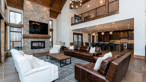 Wallpaper Mural Spacious modern living room with stone fireplace and open kitchen design. Torontodigital.ca