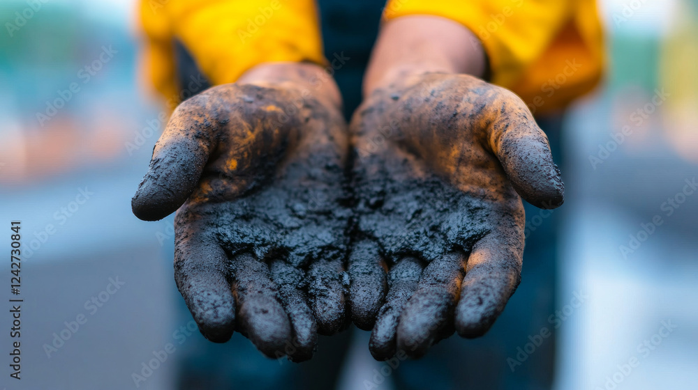 A detailed close-up of human hands covered in black soil or oil, emphasizing themes of labor, environmental awareness, and natural resource exploration A detailed close-up of human hands covered in black soil or oil, emphasizing themes of labor, environmental awareness, and natural resource exploration