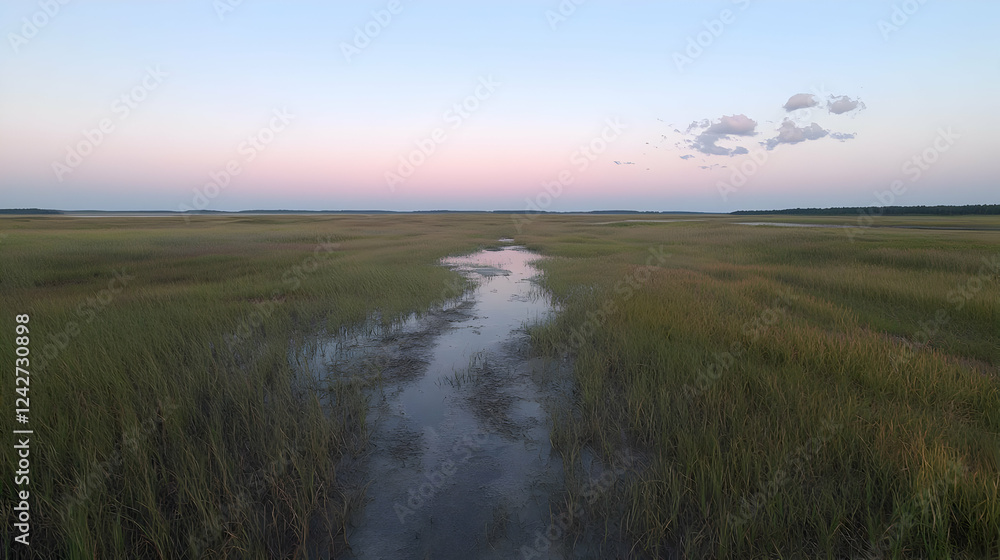 Fototapeta premium Serene marsh sunset, tranquil waterway, coastal grasses