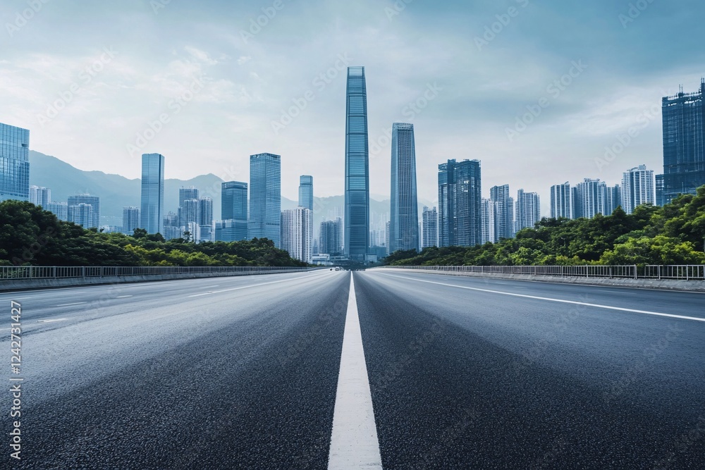 Wide empty highway leading to modern city skyline with skyscrapers and blue sky Wide empty highway leading to modern city skyline with skyscrapers and blue sky