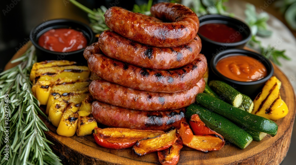 Top view of BBQ sausages stacked in a pyramid on a wooden platter, surrounded by dipping sauces, grilled veggies Top view of BBQ sausages stacked in a pyramid on a wooden platter, surrounded by dipping sauces, grilled veggies