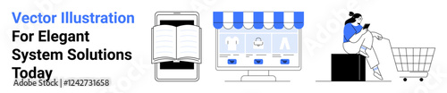 Open book on smartphone, ecommerce storefront on desktop, woman using phone near shopping cart. Ideal for ecommerce, online stores, digital literacy, mobile apps, tech innovation, retail flat