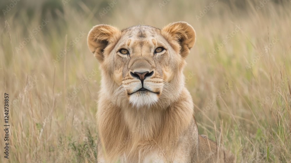 Obraz premium Lioness gazing, tall grass savanna, wildlife