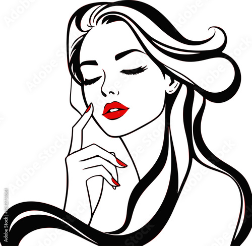 Beautiful sexy face, red lips, hand with red manicure nails, fashion woman, element design, nails studio, curly hairstyle, hair salon sign, icon. Beauty Logo. EPS 10 version.