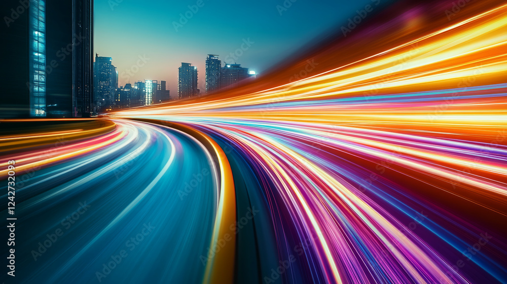 Fototapeta premium Bright multicolored light trails illuminate a city street at night, representing speed and technology in an urban environment.