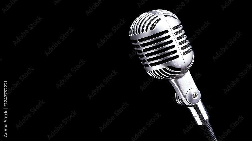 Retro microphone, music performance, black background, studio recording Retro microphone, music performance, black background, studio recording