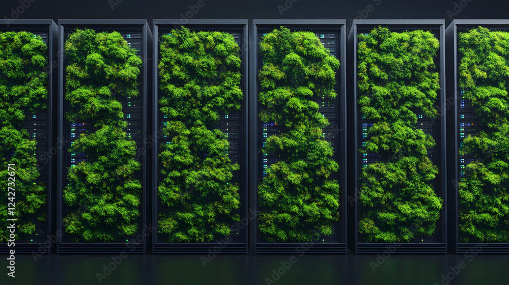 Moss-covered data center with living server walls, featuring sustainable technology and nature integration in a futuristic, eco-friendly design.
Moss-covered data center with living server walls, featuring sustainable technology and nature integration in a futuristic, eco-friendly design.