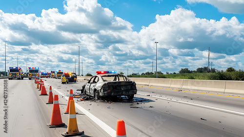 Burnt car on highway amidst traffic cones and emergency vehicles under a bright sky. photo