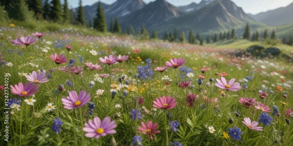 Fototapeta premium Wildflowers and cosmos blooms in a lush meadow , wildflowers, landscape, natural