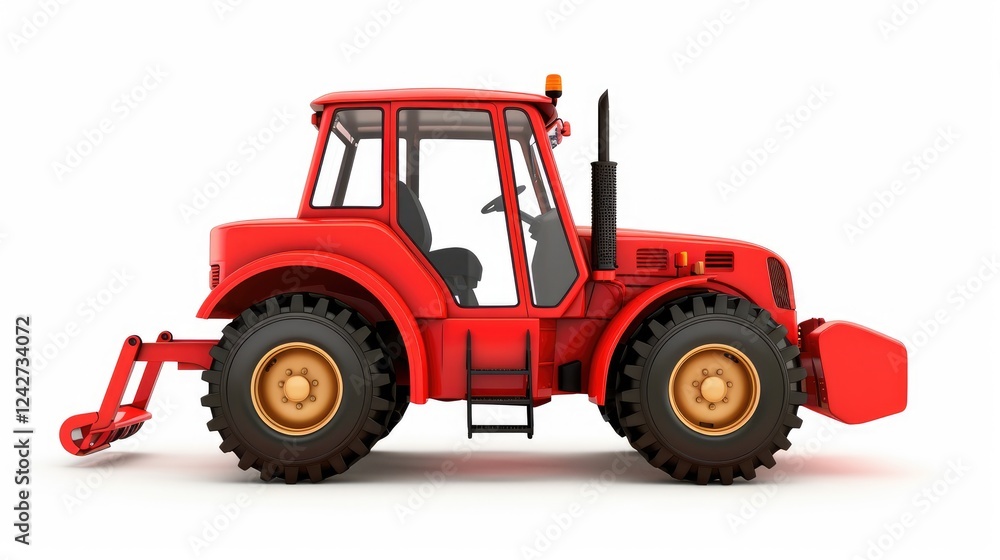 Bright Red Tractor on White Background with Detailed Features Bright Red Tractor on White Background with Detailed Features