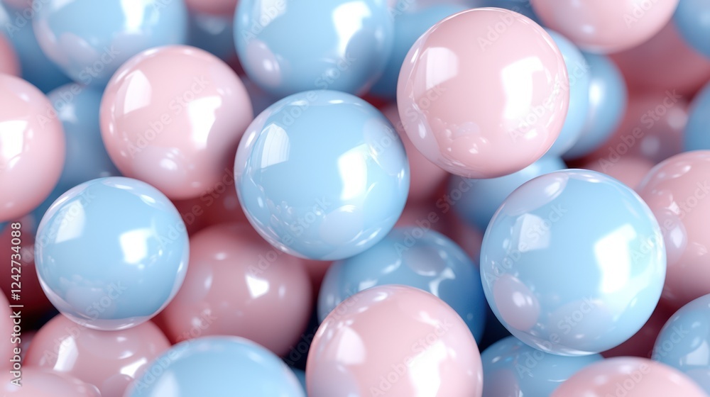 A close-up view of glossy pink and blue spheres clustered together. A close-up view of glossy pink and blue spheres clustered together.