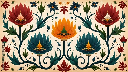 Intricate Pichwai Pattern with Swirling Vines and Lotus Blooms