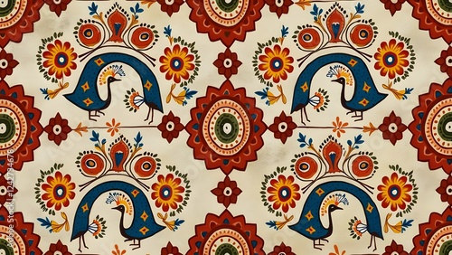 Madhubani Paisley and Peacock Pattern with Floral Motifs