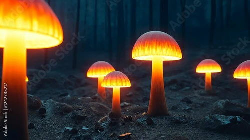 Glowing orange mushrooms emerging from shadowy forest floor, casting soft luminescence through misty nighttime darkness, evoking mysterious woodland enchantment