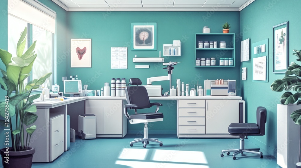 Bright clinic room with an endoscope for internal examination with sterile medical tools and medications neatly arranged for patient diagnosis Bright clinic room with an endoscope for internal examination with sterile medical tools and medications neatly arranged for patient diagnosis