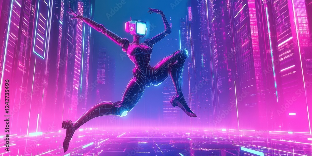 Retro Robot Leaps Through Neon Cityscape Retro Robot Leaps Through Neon Cityscape