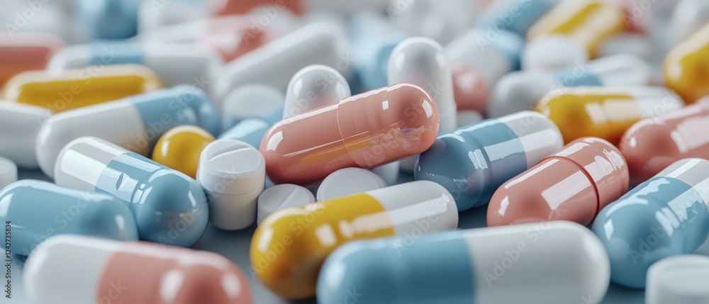 A close-up view of assorted pills and capsules, showcasing various colors and shapes.