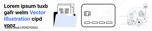 Data folder with binary code documents, secure chip-enabled card, and interconnected technology icons. Ideal for cybersecurity, digital payments, data management, technology solutions, financial