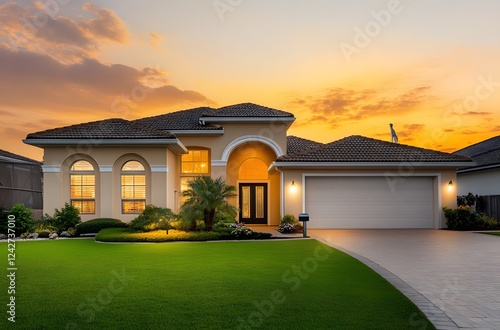 Luxurious Home Sunset Golden Hour Exterior View