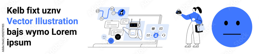 Fototapeta premium Person holding device, digital icons, laptop with interface design. Ideal for teamwork, communication, technology, creativity, innovation education digital workspaces. Perfect for flat landing page