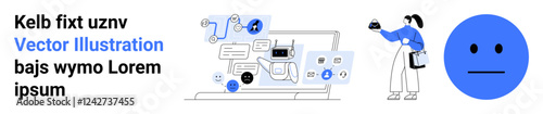 Person holding device, digital icons, laptop with interface design. Ideal for teamwork, communication, technology, creativity, innovation education digital workspaces. Perfect for flat landing page