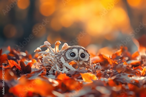 A curious barred owl peeking from autumn leaves, nestled amongst animal bones in the warm golden light. photo