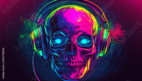 Neon skull, headphones, vibrant colors, pink background