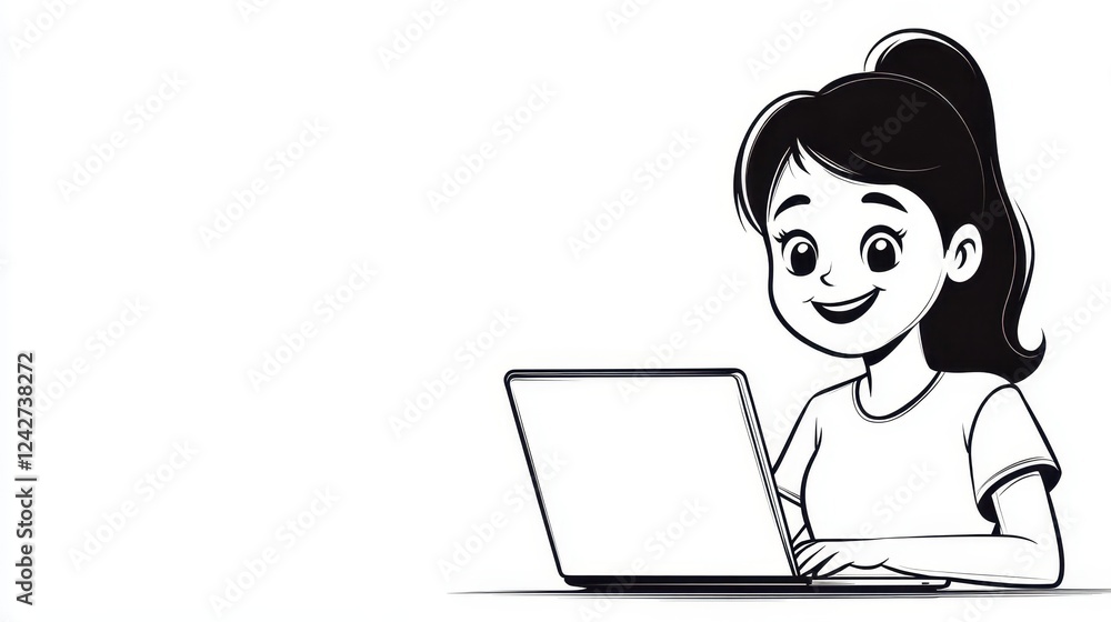 High school girl smiling while using a laptop in a comfortable setting, enjoying her time studying or browsing online after school hours High school girl smiling while using a laptop in a comfortable setting, enjoying her time studying or browsing online after school hours