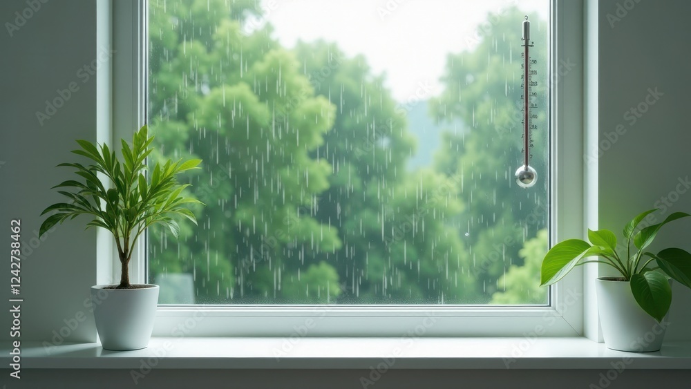 Fototapeta premium Rainy Day Comfort Indoor Plants Flourish Beside Window with Thermometer During a Gentle Summer Shower