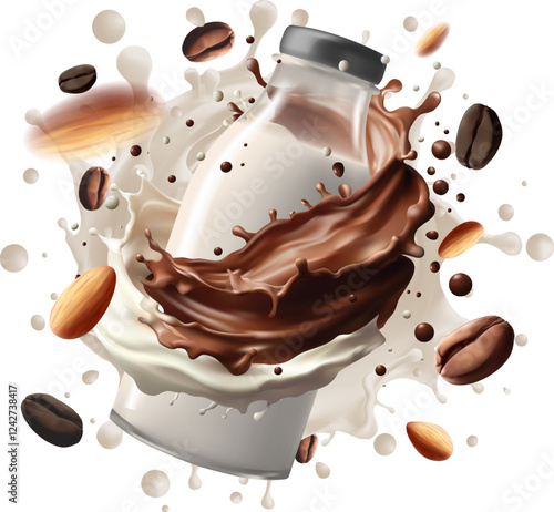 coffee Milk splash with Coffee Bean falling, 3d vector.Mesh gradient wes used