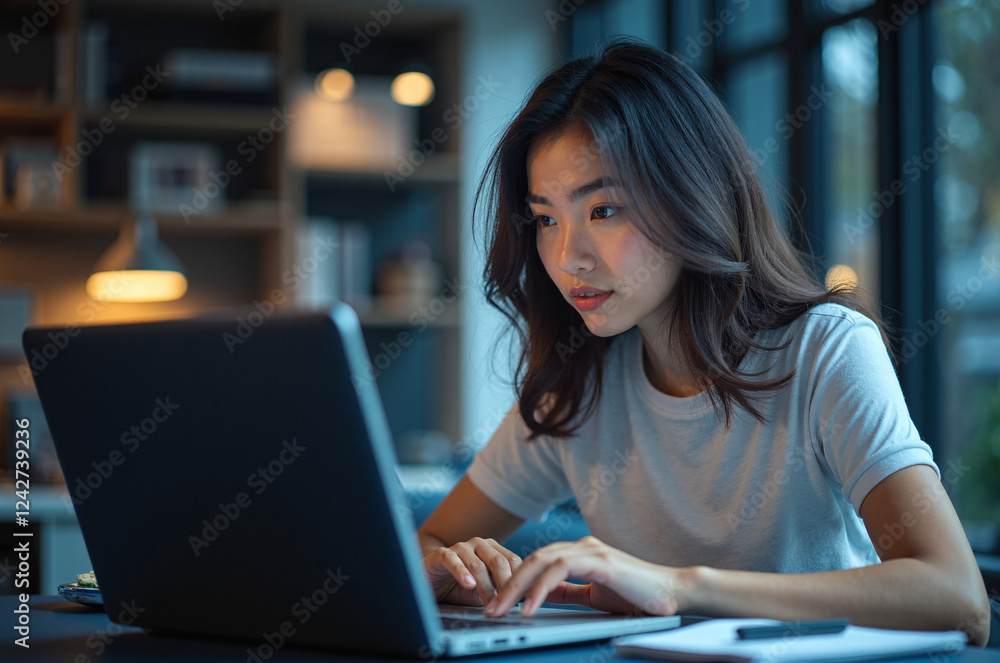 Asian Woman Using Laptop for Searching Open AI and Technology Solutions Asian Woman Using Laptop for Searching Open AI and Technology Solutions