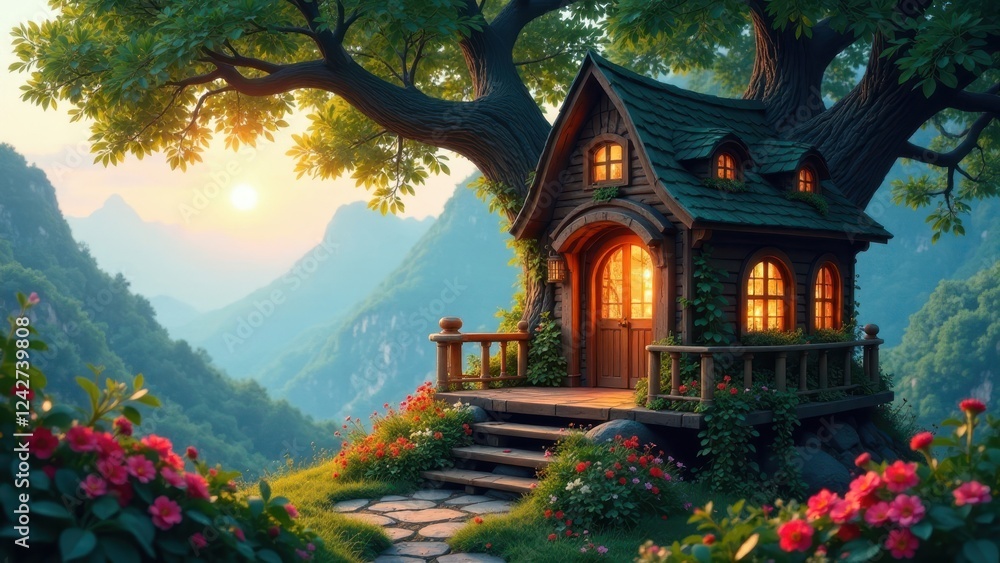 Fototapeta premium Serene Sunset Vista A Cozy Treetop Cabin Retreat in a Mountain Landscape