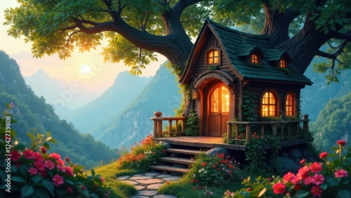 Wallpaper Mural Serene Sunset Vista A Cozy Treetop Cabin Retreat in a Mountain Landscape Torontodigital.ca