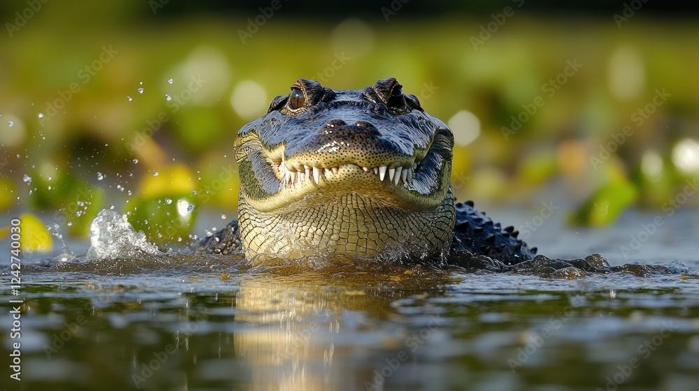 Fototapeta premium Alligator in swamp water, jaws agape, wildlife, nature, close-up