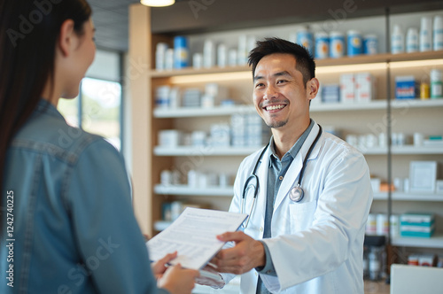 Cheerful Pharmacist Handing Medication to Patient in Modern Pharmacy