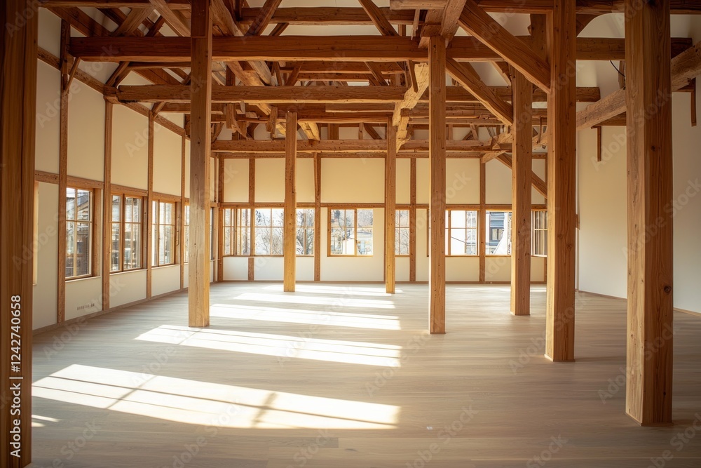 Fototapeta premium A large room with wooden beams and windows, featuring an empty space for artistic expression. The floor is made of light-colored wood, creating a warm atmosphere in the bright environment. 