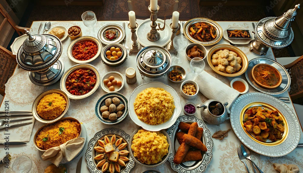 Lavish Overhead Shot of an Elegant Dinner Table Abundantly Filled with Diverse Dishes, Golden and Silver Serveware, and White Tablecloth Lavish Overhead Shot of an Elegant Dinner Table Abundantly Filled with Diverse Dishes, Golden and Silver Serveware, and White Tablecloth