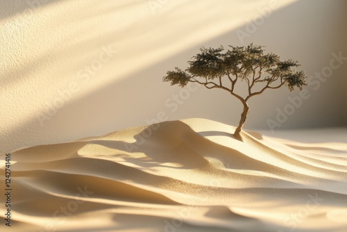 A lone tree stands resilient on a gentle dune, bathed in warm sunlight, a symbol of life's persistence in harsh environments. photo