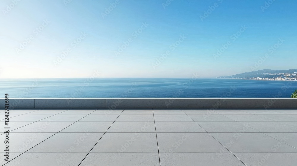 The 3D rendering showcases a stunning sea view plaza under a clear blue sky. The 3D rendering showcases a stunning sea view plaza under a clear blue sky.