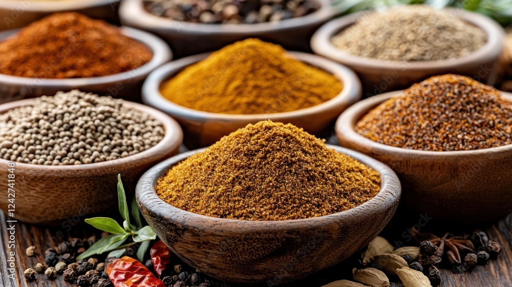 A variety of colorful spices in wooden bowls, showcasing culinary diversity and flavor. A variety of colorful spices in wooden bowls, showcasing culinary diversity and flavor.