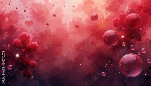 Watercolor-inspired gradient in soft red, highlighted by elegant bubbles that hint at iconic symbols of love