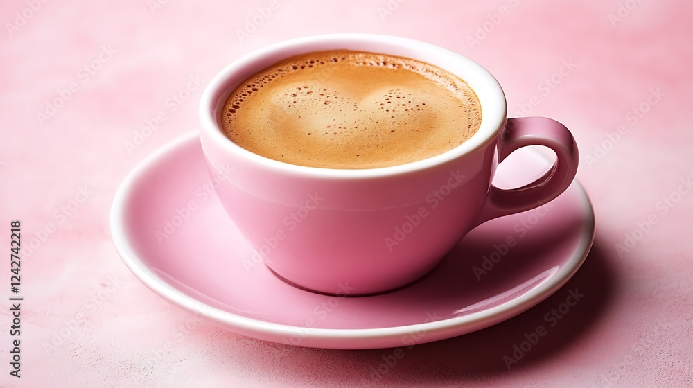 Pink cup of espresso with heart shaped foam. Pink cup of espresso with heart shaped foam.