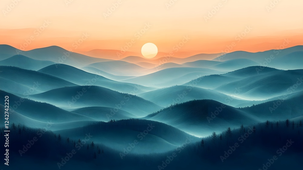 Obraz premium Breathtaking Misty Mountain Landscape at Sunset with Vibrant Sky