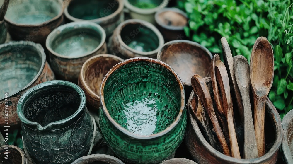 A collection of handcrafted pottery and wooden utensils arranged with greenery. A collection of handcrafted pottery and wooden utensils arranged with greenery.